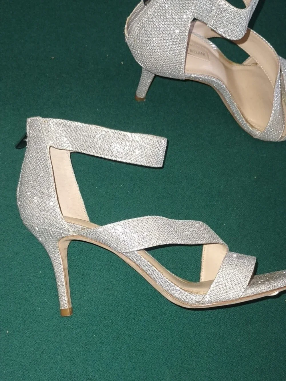 ANTONIO MELANI Shimmery Silver Strappy Ankle-Heel Sandals